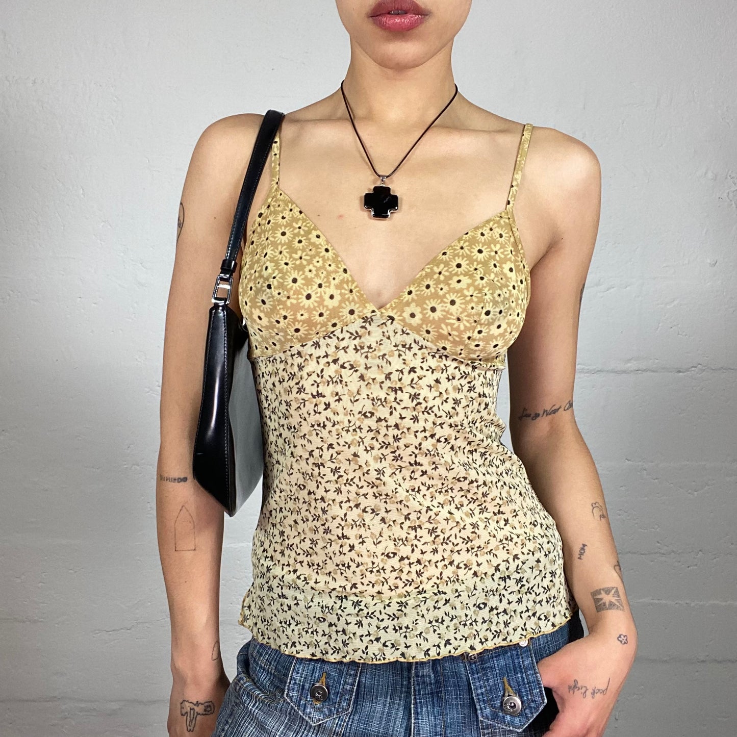 Vintage 2000's Soft Spring Girl Tender Green and Beige Chiffon Cami Top with Floral Print (S)