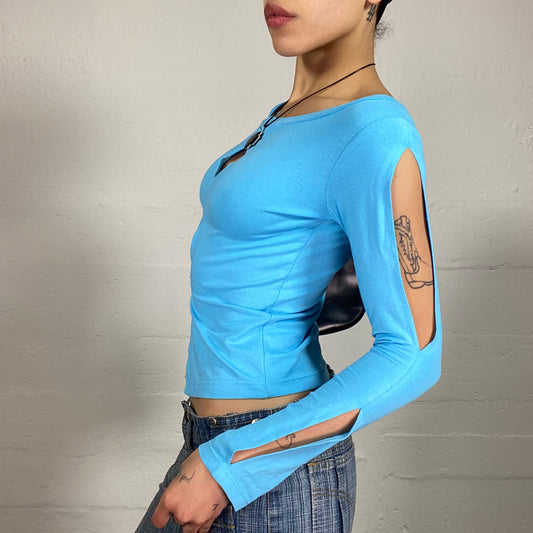 Vintage 2000's Mermaid Aquamarine Blue Longsleeve Top with Decorative Open Cuts (S)