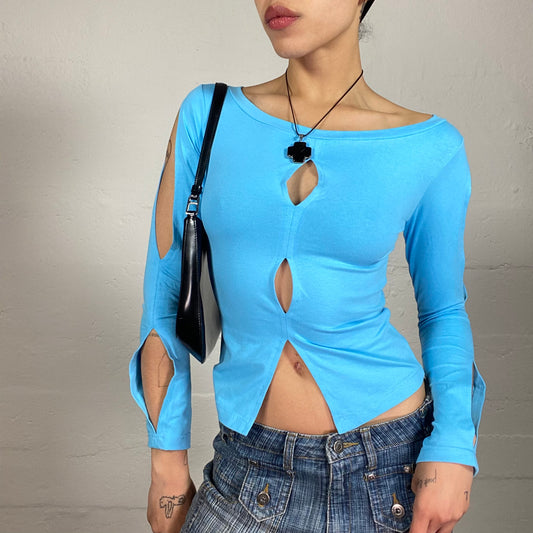 Vintage 2000's Mermaid Aquamarine Blue Longsleeve Top with Decorative Open Cuts (S)