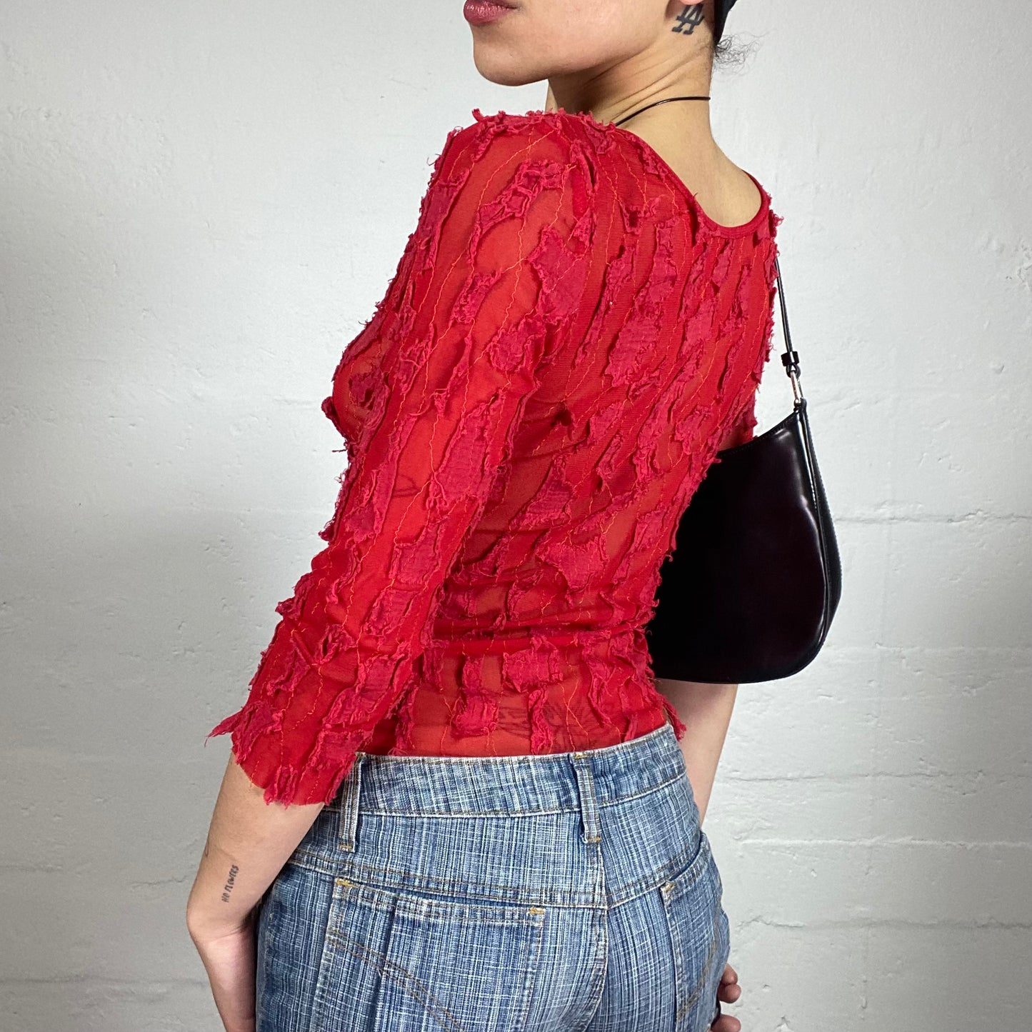 Vintage 2000's Femme Fatale Blood Red Mesh Abstractly Embroidered 3/4 Sleeve Top (S)