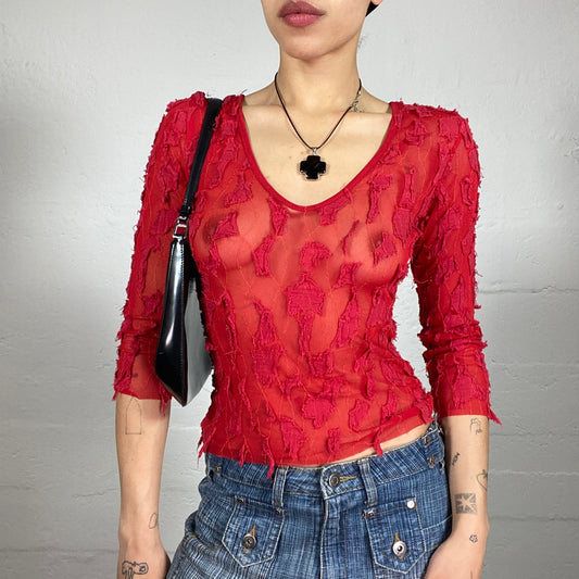 Vintage 2000's Femme Fatale Blood Red Mesh Abstractly Embroidered 3/4 Sleeve Top (S)