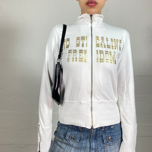 Vintage 2000's Grunge White Zip Up Pullover with Gold No Stealing Freedom and Biker Vibe Illustration Prints (M)