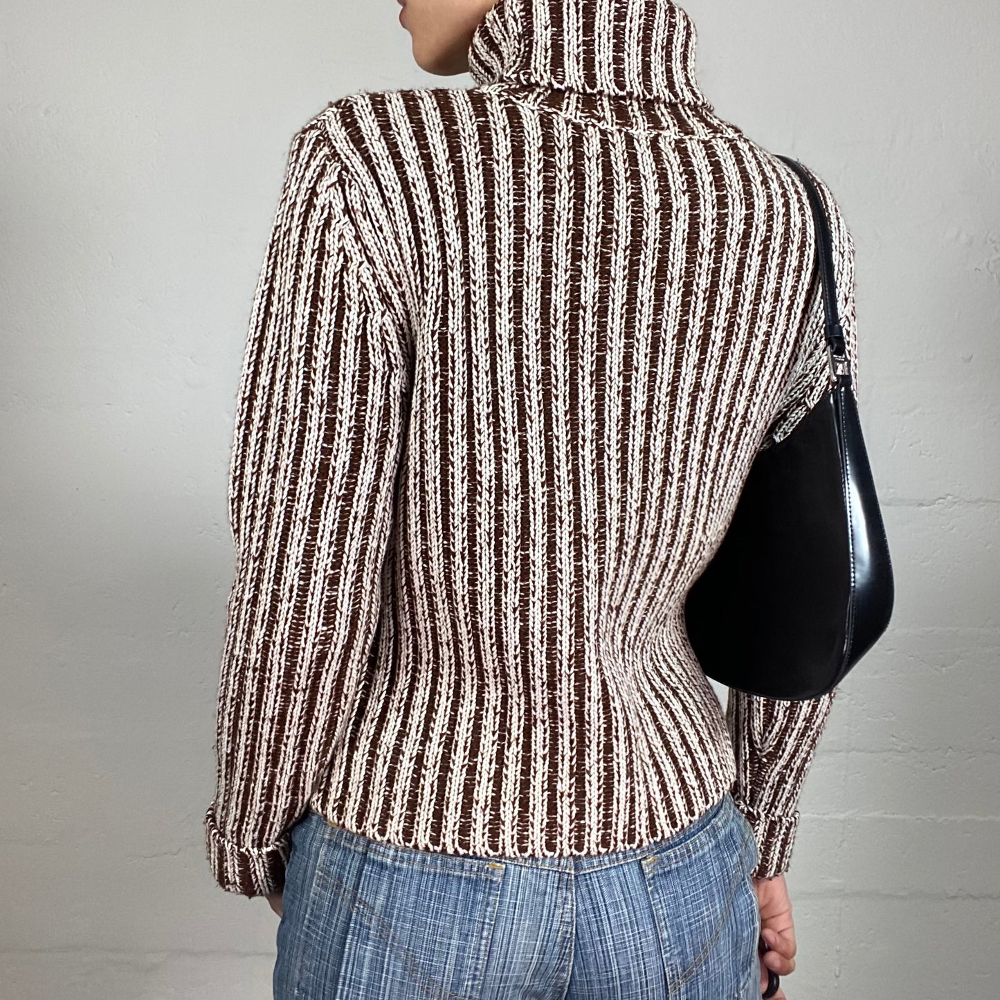 Vintage 2000's Cozy Brown and Beige High Neck Striped Knitted Sweater (S)
