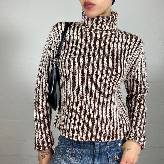 Vintage 2000's Cozy Brown and Beige High Neck Striped Knitted Sweater (S)