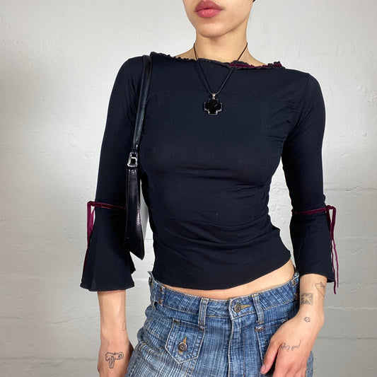 Vintage 2000's Dark Boho Black Flared Sleeves Top with Burgundy Velour Ribbons (S)
