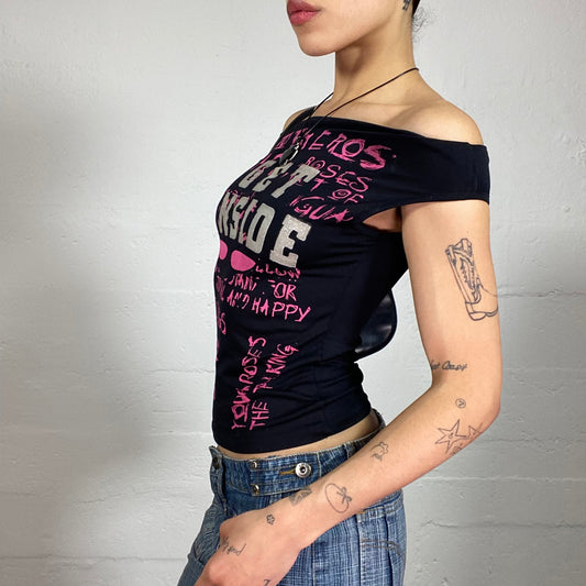 Vintage 2000's Grunge Girl Off Shoulder Black Top with Neon Pink and Silver Get Inside Typo Print (S)