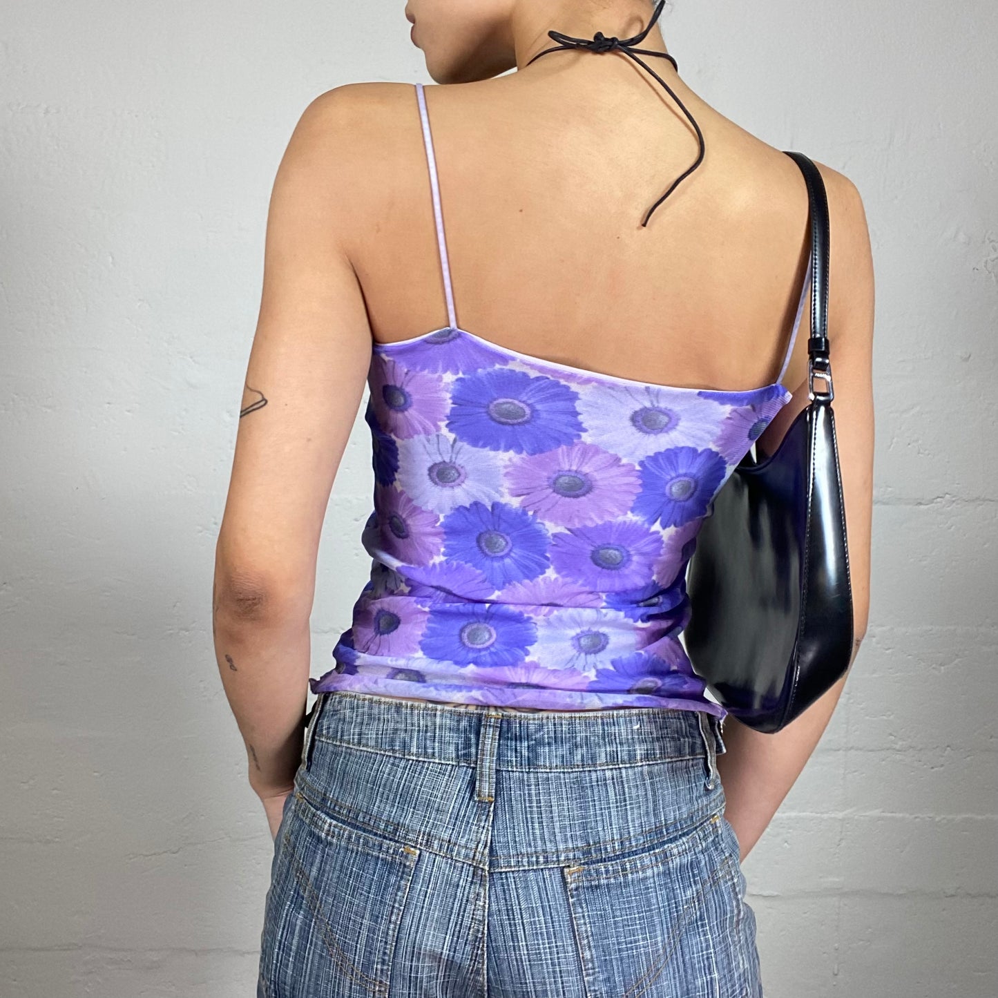 Vintage 2000's Fun Purple Chiffon Flowers Print Cami Top with Curly Trim (S)