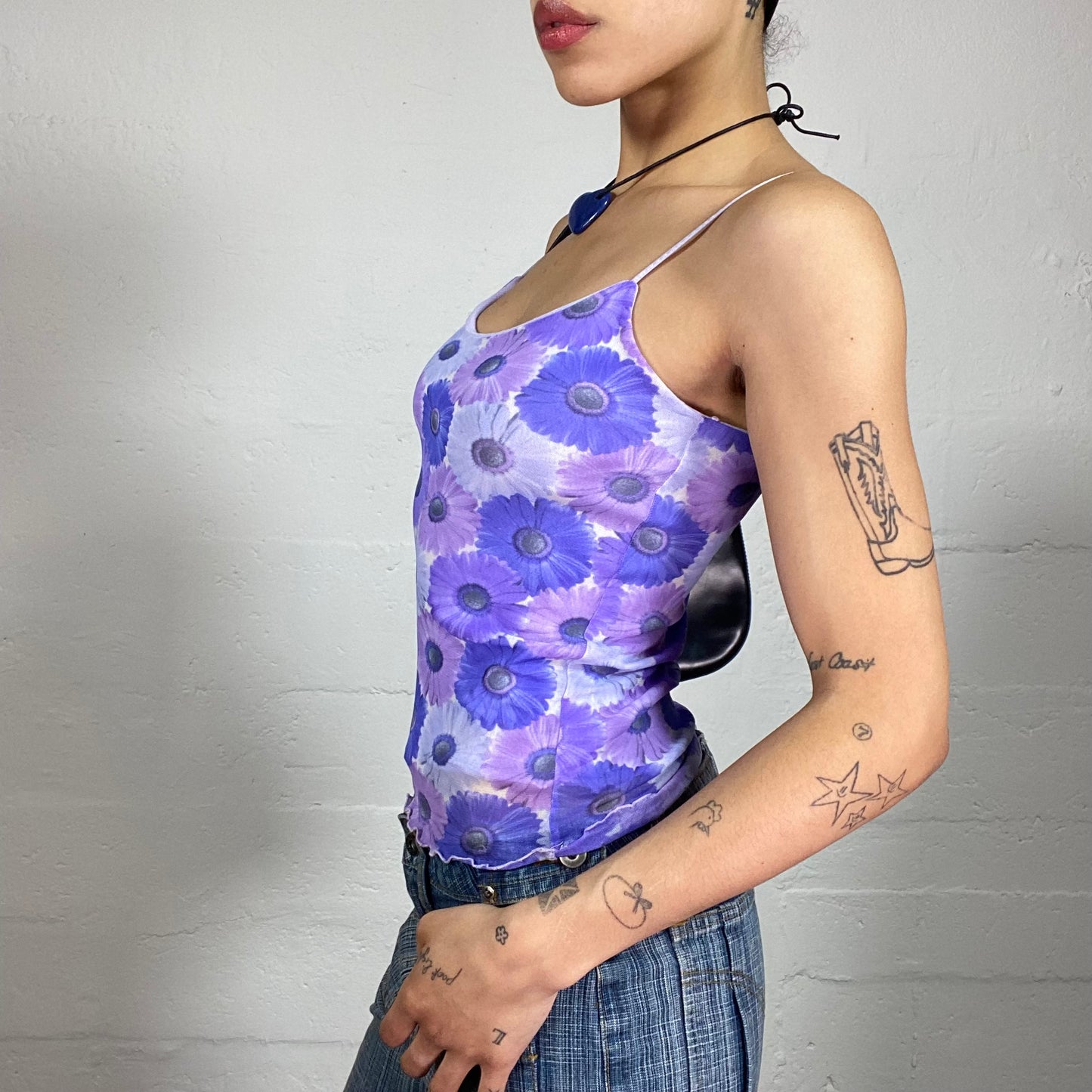 Vintage 2000's Fun Purple Chiffon Flowers Print Cami Top with Curly Trim (S)