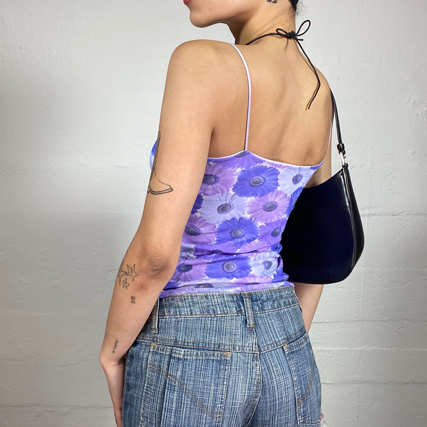 Vintage 2000's Fun Purple Chiffon Flowers Print Cami Top with Curly Trim (S)