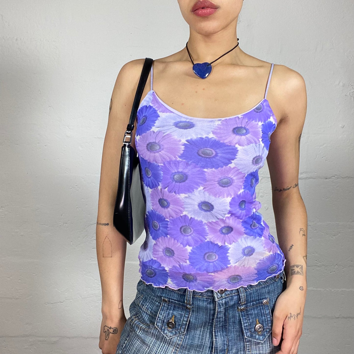 Vintage 2000's Fun Purple Chiffon Flowers Print Cami Top with Curly Trim (S)
