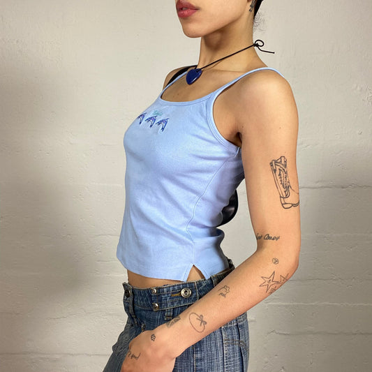 Vintage 2000's Cute Baby Blue Cropped Cami Top with Dolphins Embroidery (M)