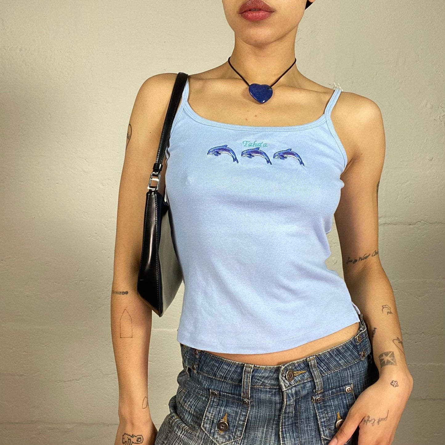 Vintage 2000's Cute Baby Blue Cropped Cami Top with Dolphins Embroidery (M)