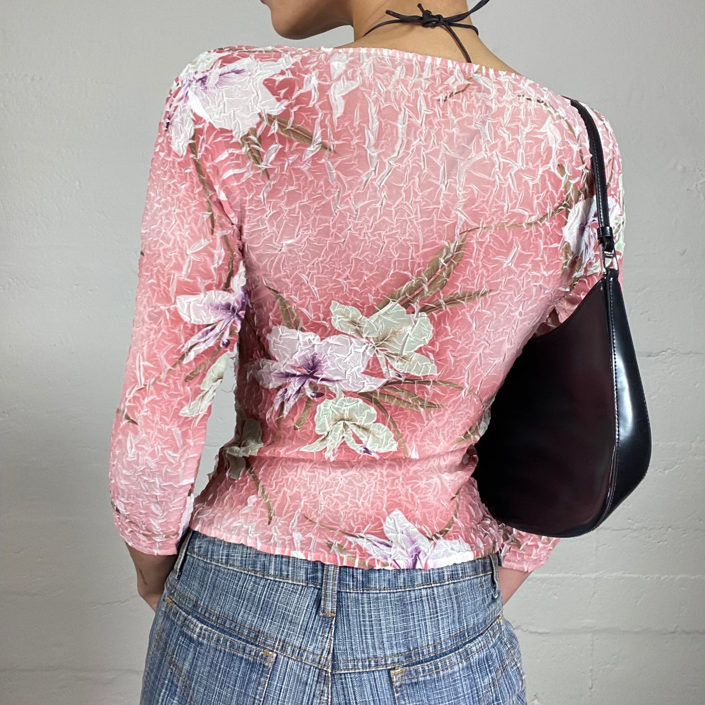 Vintage 2000's Romantic Bomb Pink Textured 3/4 Sleeve Top with Soft Floral Print (S)