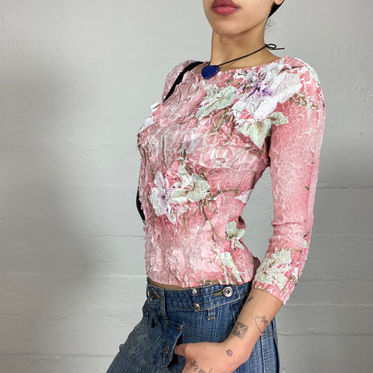 Vintage 2000's Romantic Bomb Pink Textured 3/4 Sleeve Top with Soft Floral Print (S)