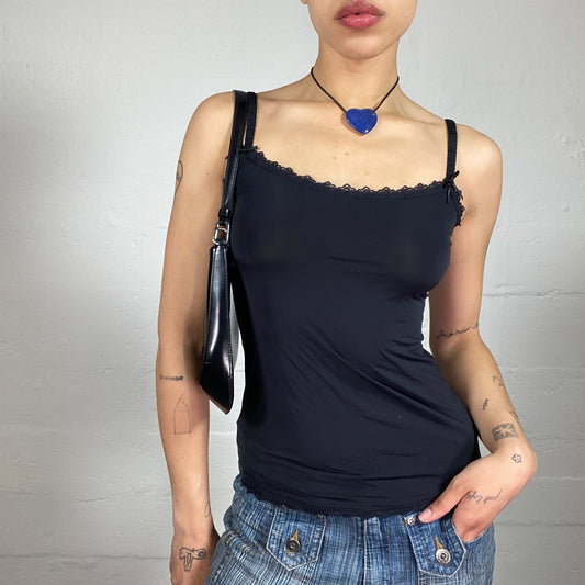 Vintage 2000's Coquette Black Cami Top with Lace Trim and Tiny Ribbon Details (S)