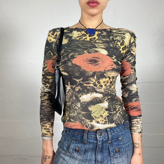 Vintage 90's Old Film Style Printed Longsleeved Top with Cheetah Details (S)