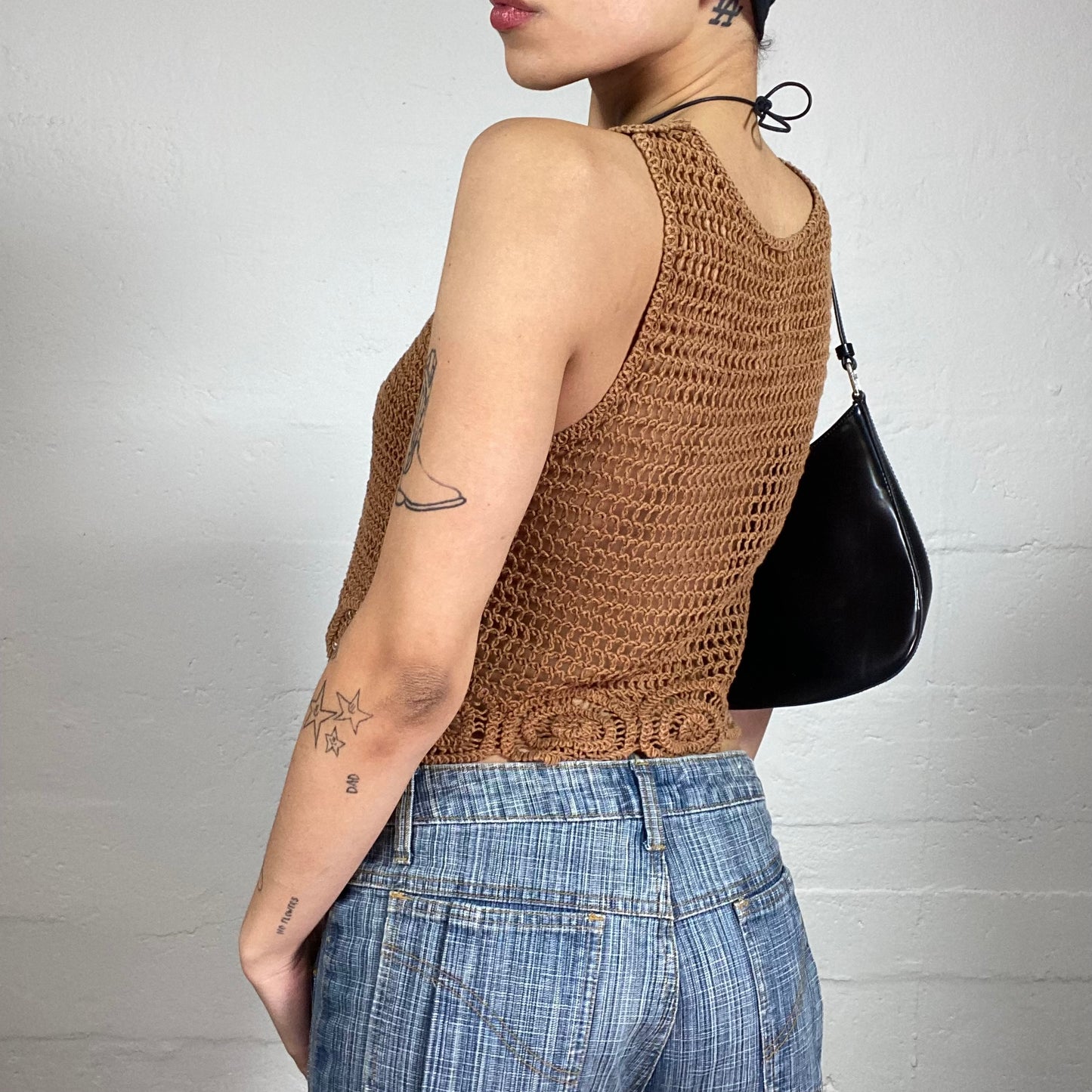 Vintage 2000's Boho Girl Brown Crochet Cropped Tank Top (M)