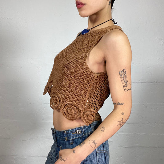 Vintage 2000's Boho Girl Brown Crochet Cropped Tank Top (M)