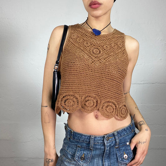 Vintage 2000's Boho Girl Brown Crochet Cropped Tank Top (M)