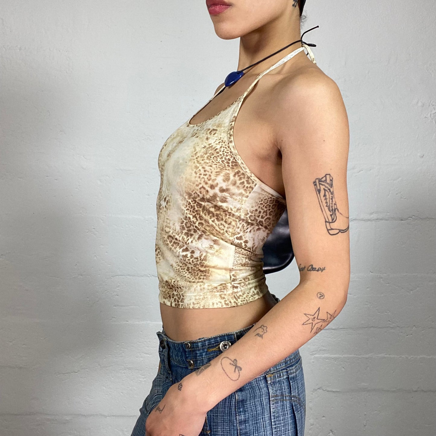 Vintage 2000's Cheetah Girl Beige Neckholder Animal Print Top (S)