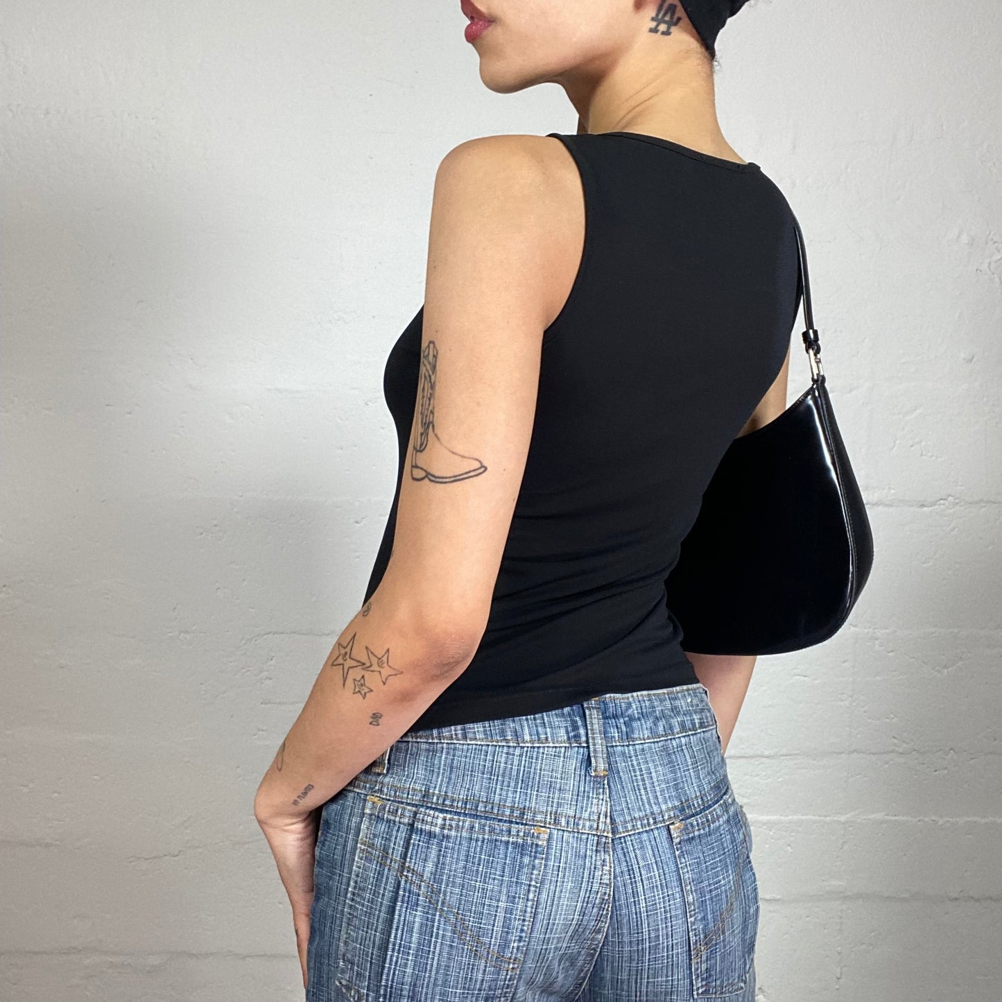 Vintage 2000's Dark Romantic Black Tank Top with Mesh Flower Embroidery (S)