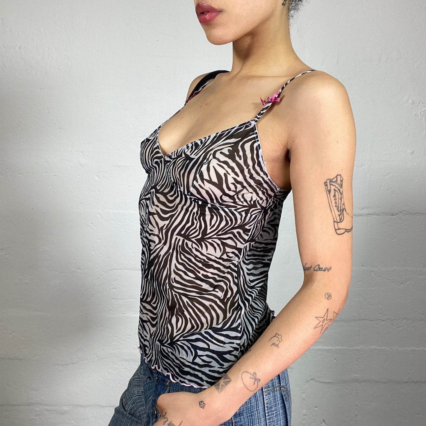 Vintage 2000's Sassy Animal Print Chiffon Cami Top with Pink Ribbon Details (S/M)