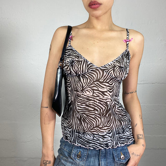 Vintage 2000's Sassy Animal Print Chiffon Cami Top with Pink Ribbon Details (S/M)