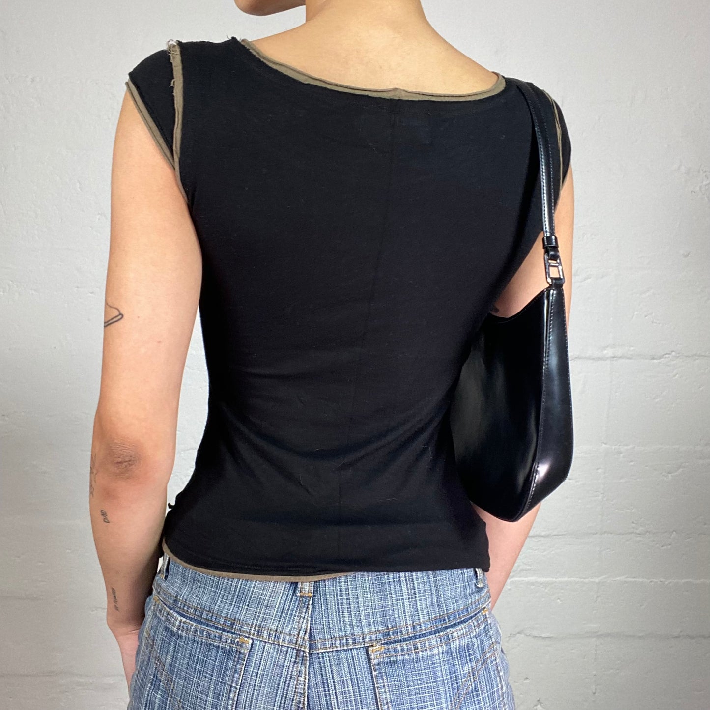 Vintage 2000's Downtown Girl Black Micro Sleeves Tee with Wicked Hollywood Print and Rhinestones Decor (S)