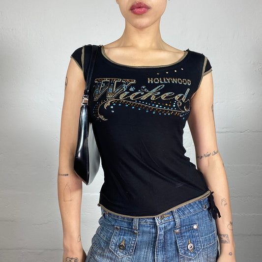 Vintage 2000's Downtown Girl Black Micro Sleeves Tee with Wicked Hollywood Print and Rhinestones Decor (S)