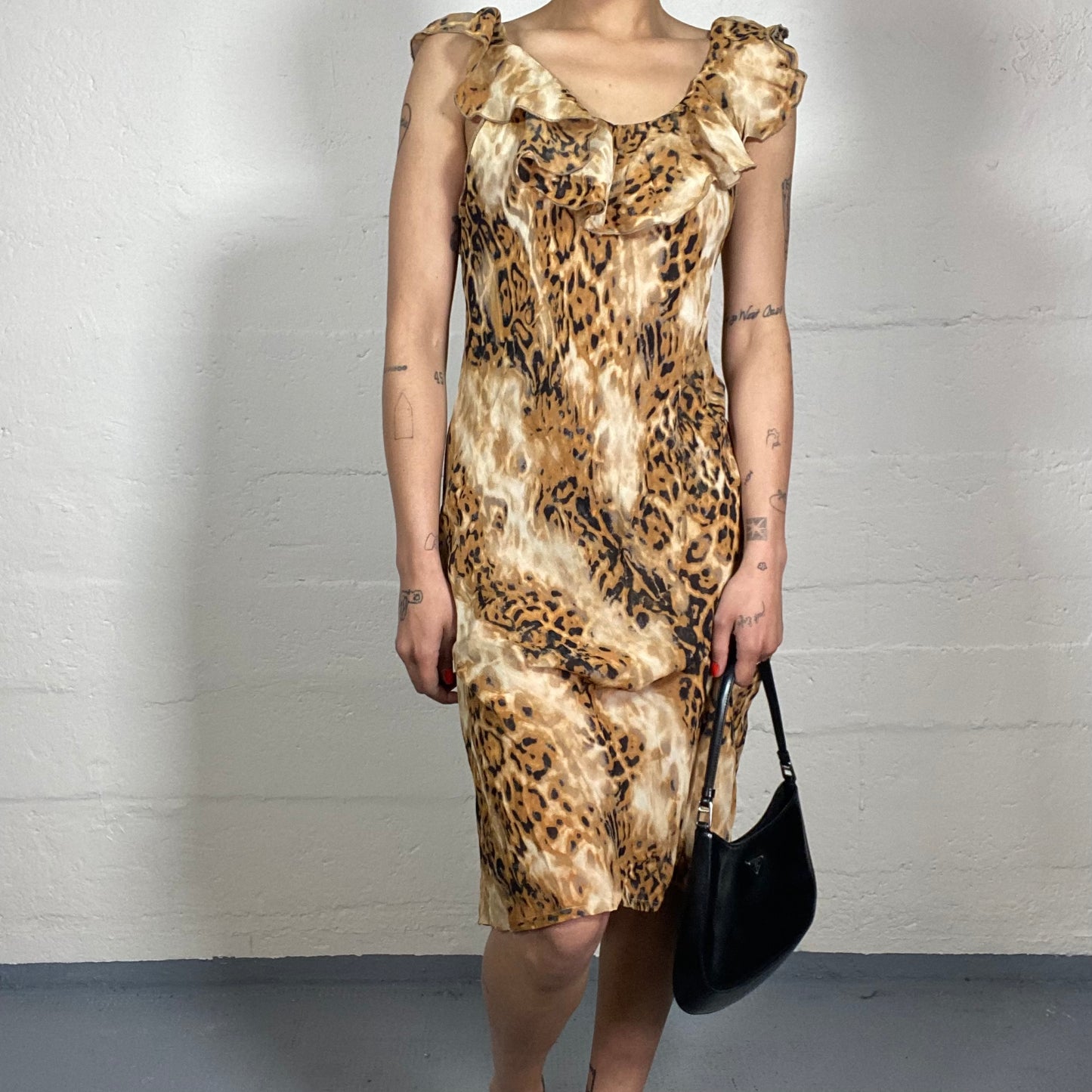 Vintage 2000's Summer Cheetah Girl Chiffon Animal Print MIDI Dress with Top Ruffles (M)