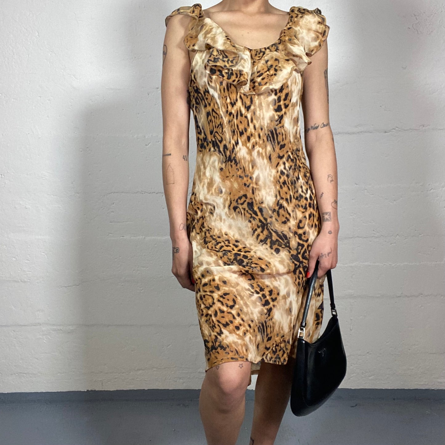 Vintage 2000's Summer Cheetah Girl Chiffon Animal Print MIDI Dress with Top Ruffles (M)