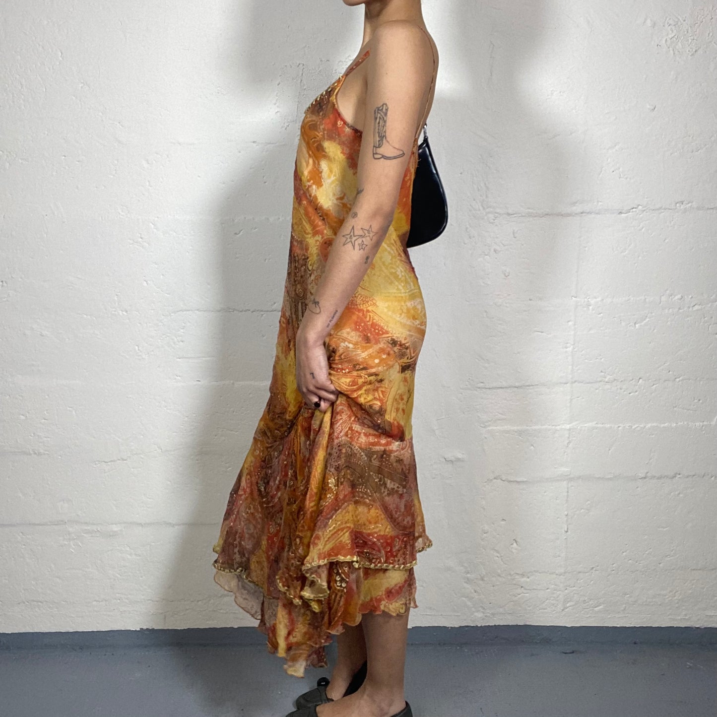 Vintage 2000's Boho Girl Orange Printed Chiffon Maxi Cami Dress with Golden Decirated Trim (L)