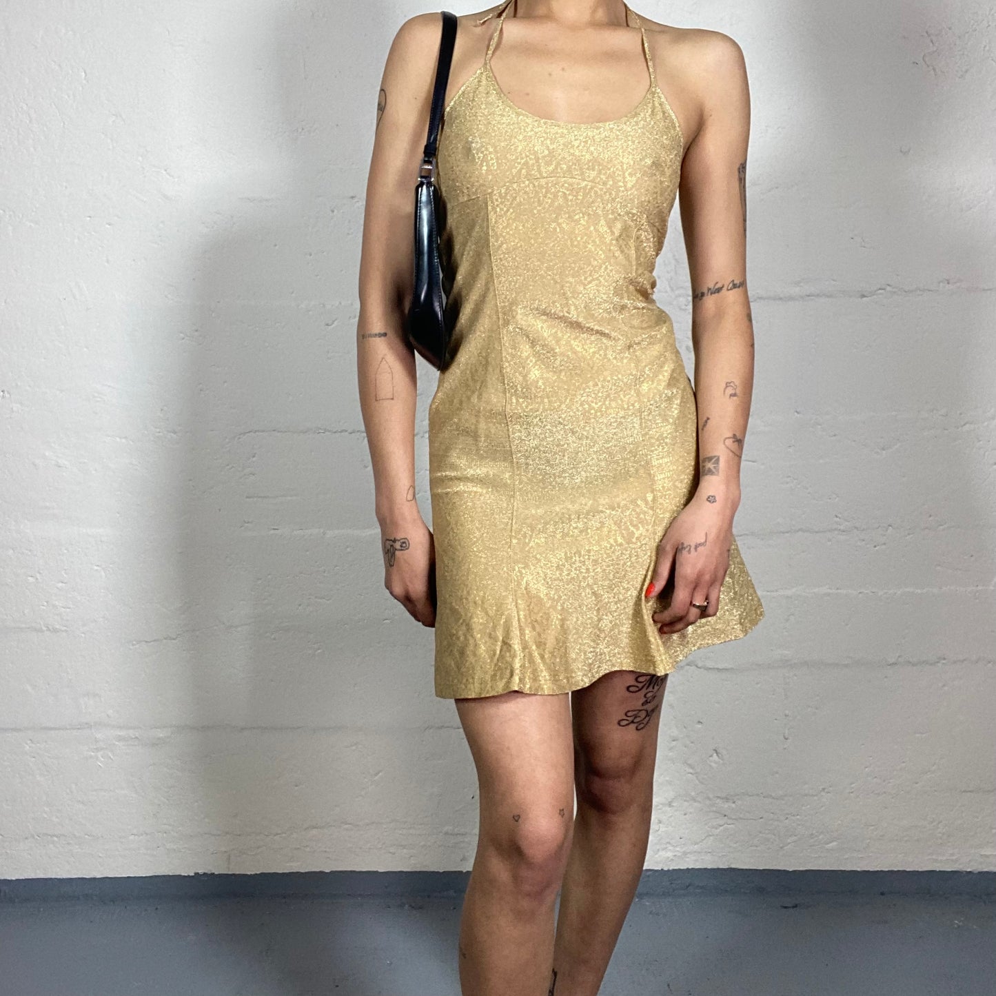 Vintage 2000's Christian Lacroix Clubwear Gold Shiny Neckholder Mini Dress (M)