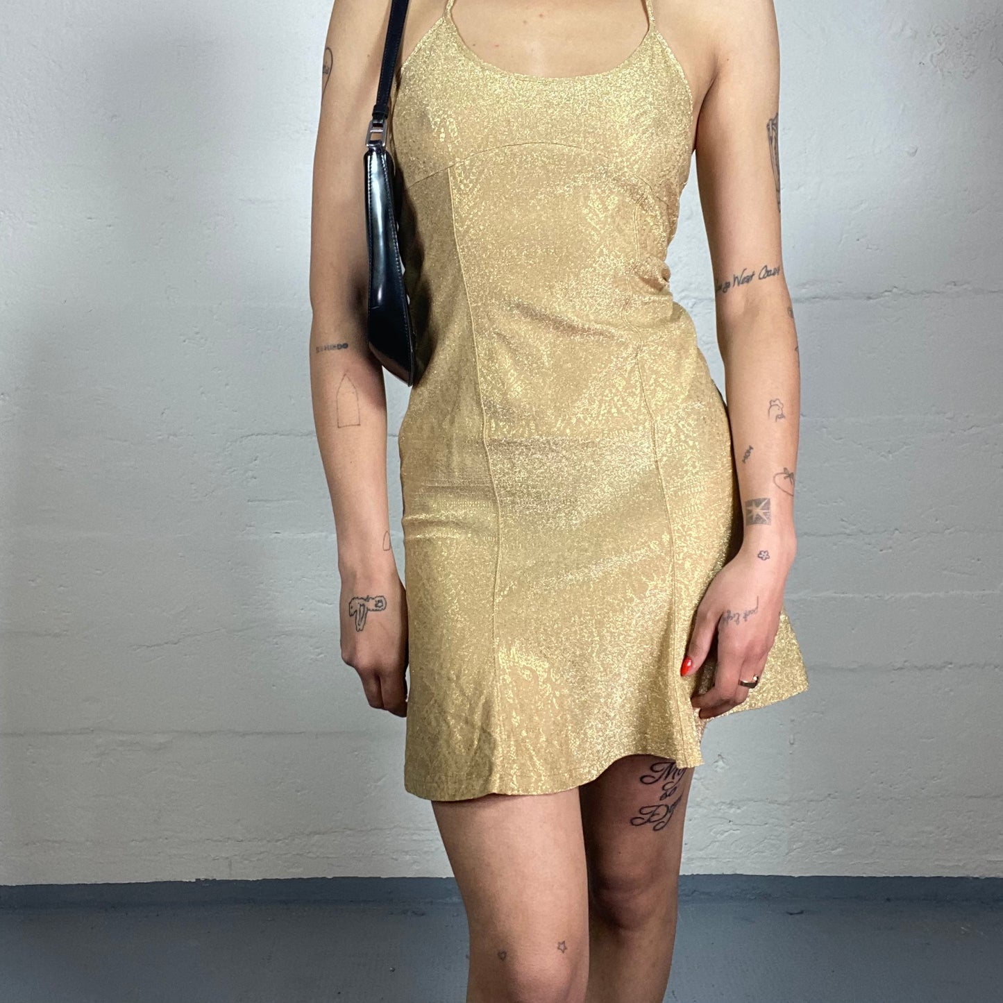 Vintage 2000's Christian Lacroix Clubwear Gold Shiny Neckholder Mini Dress (M)