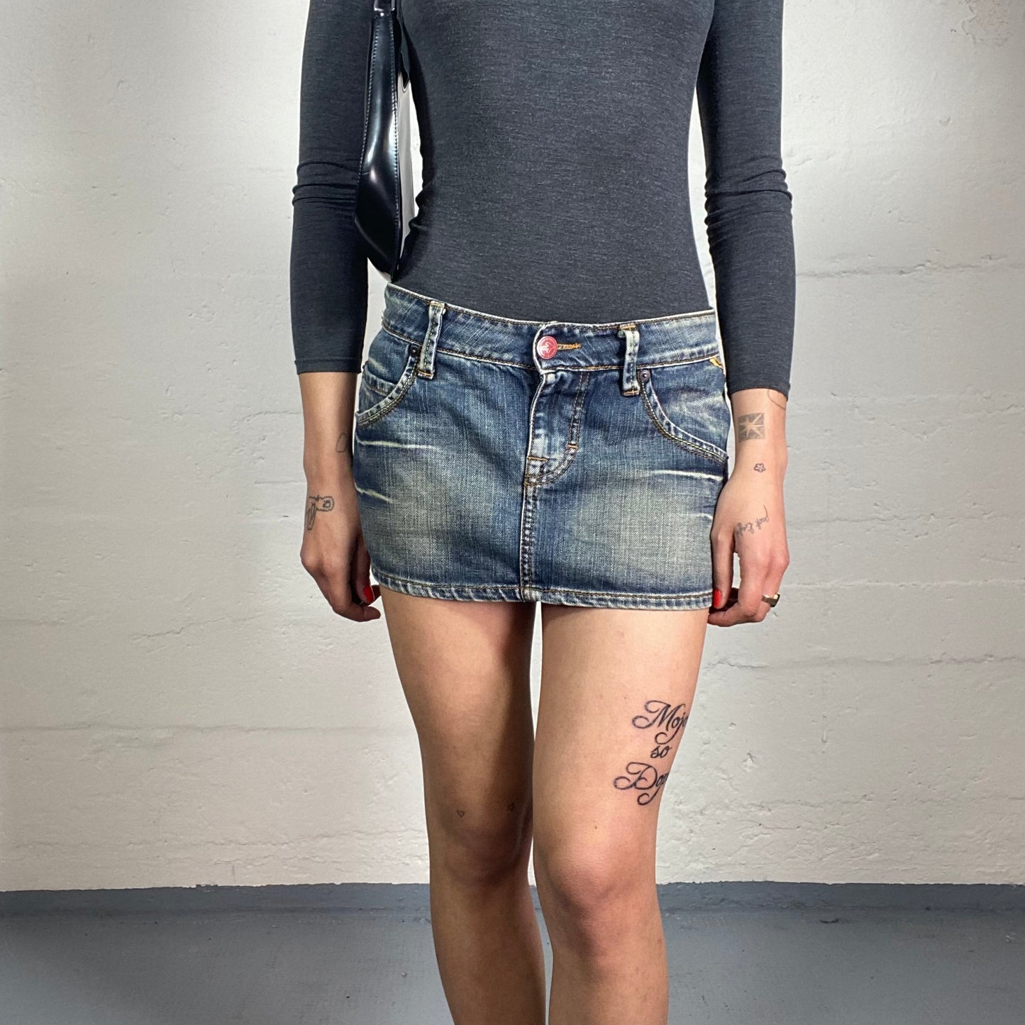 Vintage 2000's Streetstyle Dirty Wash Effect Denim Micro Skirt with Decorative Seaming (S)