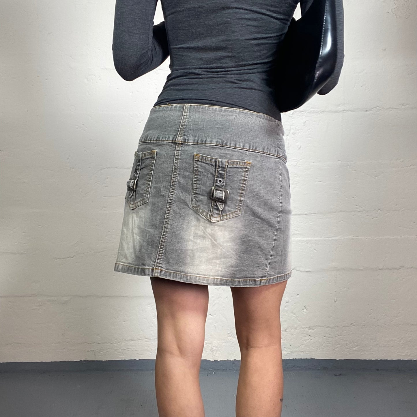 Vintage 2000's Downtown Girl Light Grey Wash Wrapped Effect Denim Skirt with Belt Details (S)