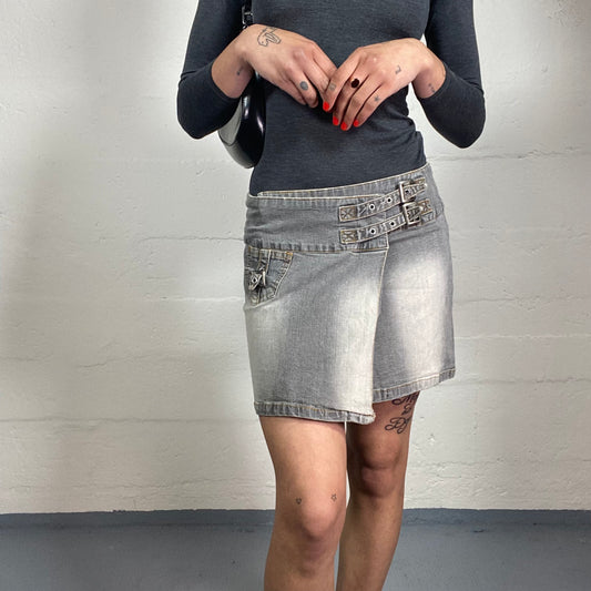 Vintage 2000's Downtown Girl Light Grey Wash Wrapped Effect Denim Skirt with Belt Details (S)