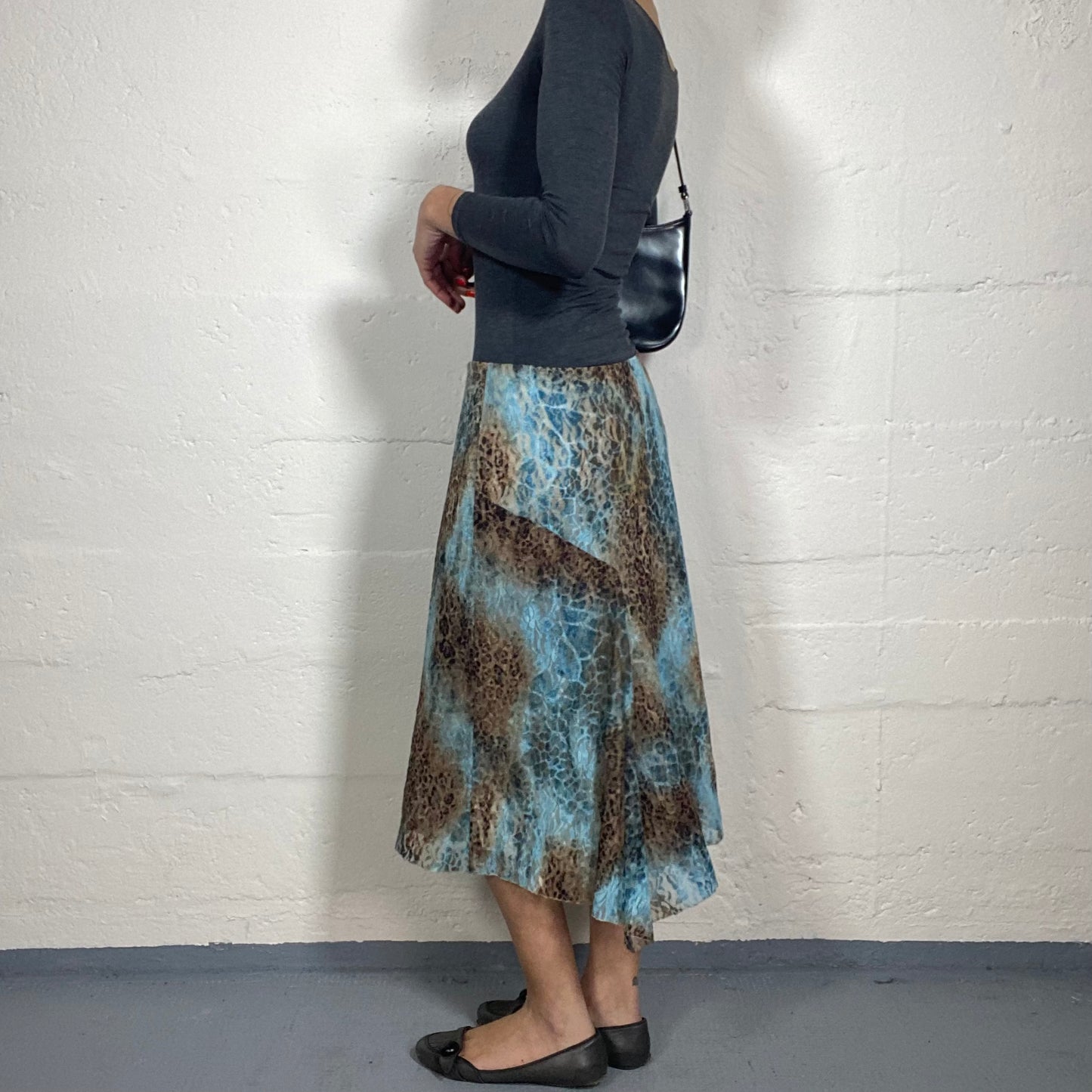 Vintage 2000's Cheetah Girl Lace Brown and Aquamarine Blue Midi Skirt with Animal Print (M)