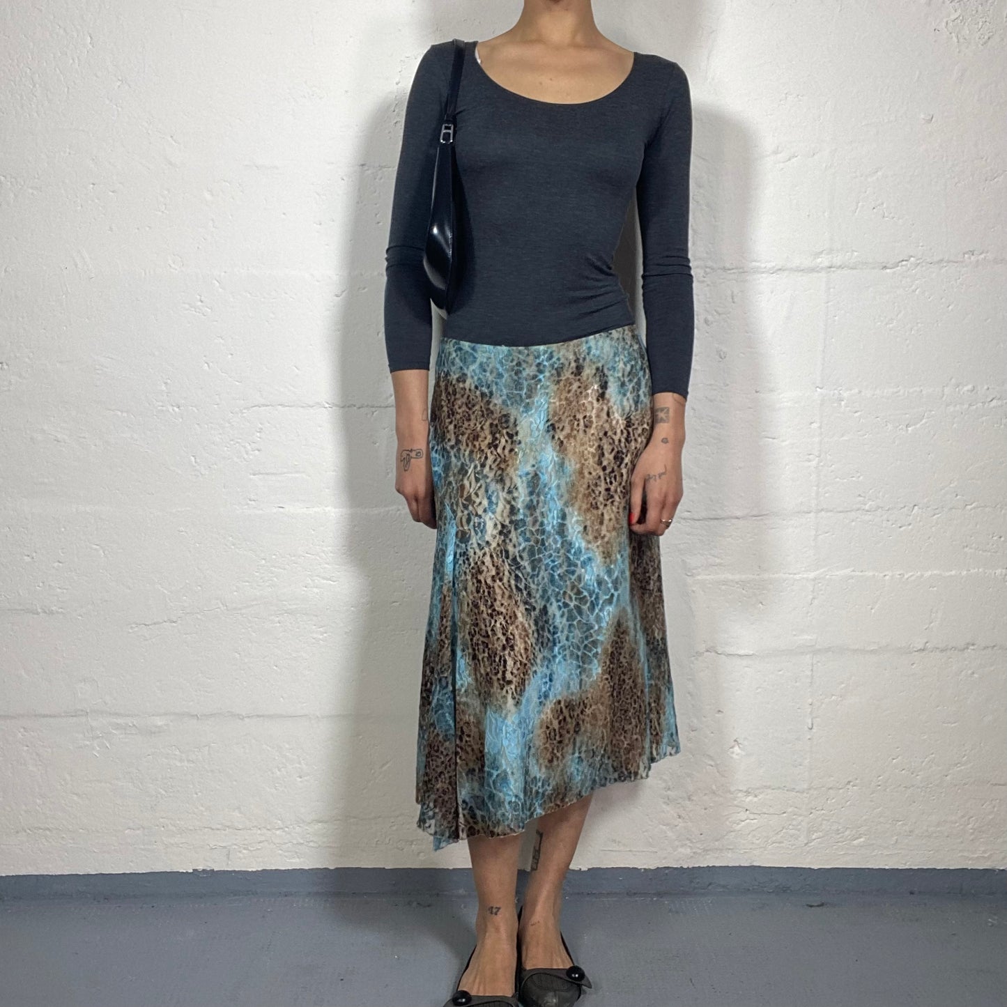 Vintage 2000's Cheetah Girl Lace Brown and Aquamarine Blue Midi Skirt with Animal Print (M)