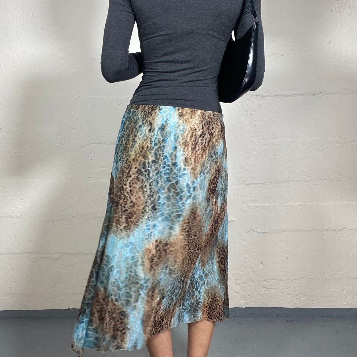 Vintage 2000's Cheetah Girl Lace Brown and Aquamarine Blue Midi Skirt with Animal Print (M)