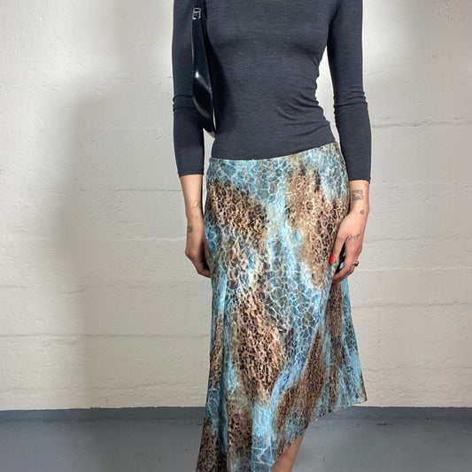 Vintage 2000's Cheetah Girl Lace Brown and Aquamarine Blue Midi Skirt with Animal Print (M)