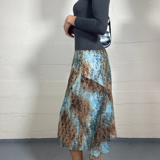 Vintage 2000's Cheetah Girl Lace Brown and Aquamarine Blue Midi Skirt with Animal Print (M)