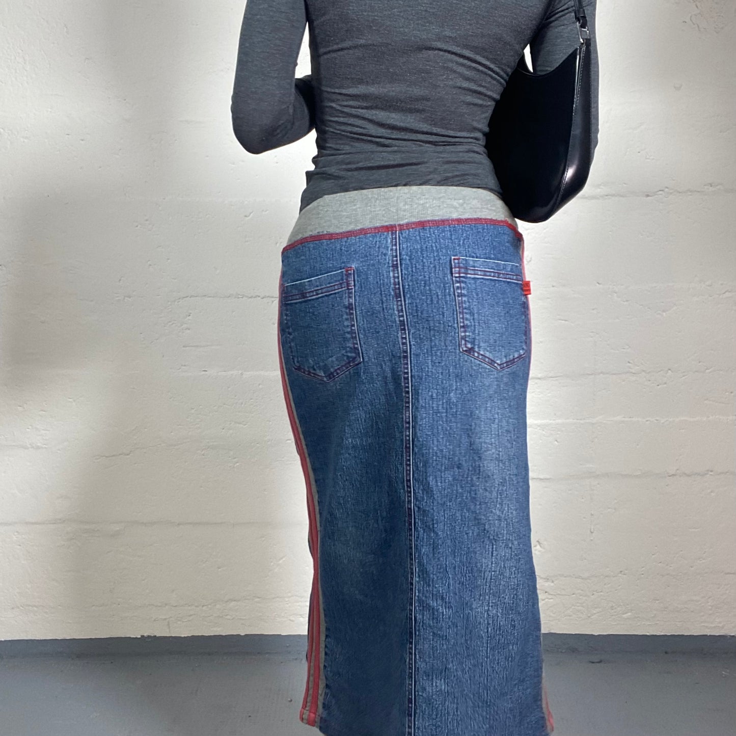 Vintage 2000's Sporty Blue Denim Midi Skirt with Waist Band and Decorative Side Stripes (S/M)