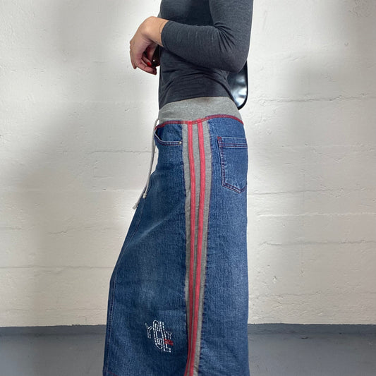 Vintage 2000's Sporty Blue Denim Midi Skirt with Waist Band and Decorative Side Stripes (S/M)