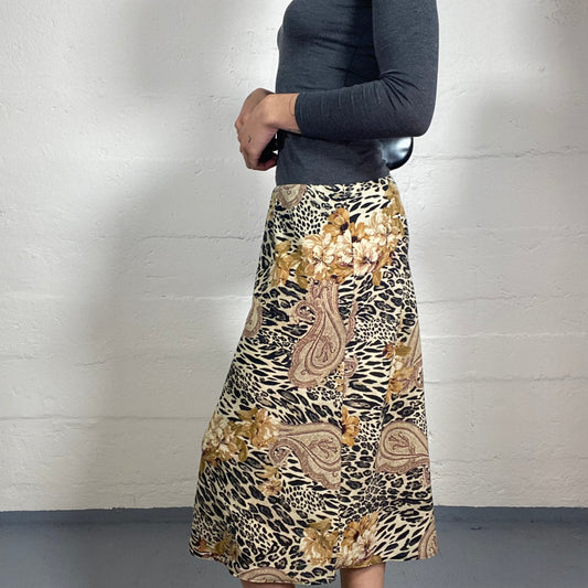 Vintage 2000's Summer Soft Chiffon Midi Skirt with Animal and Floral Boho Style Print (S)