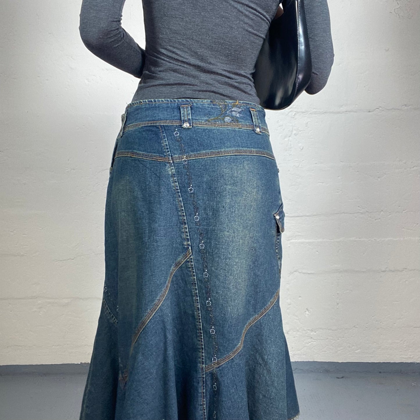 Vintage 2000's Summer Park Date Midi Blue Denim Skirt with Floral Embroidery (S/M)