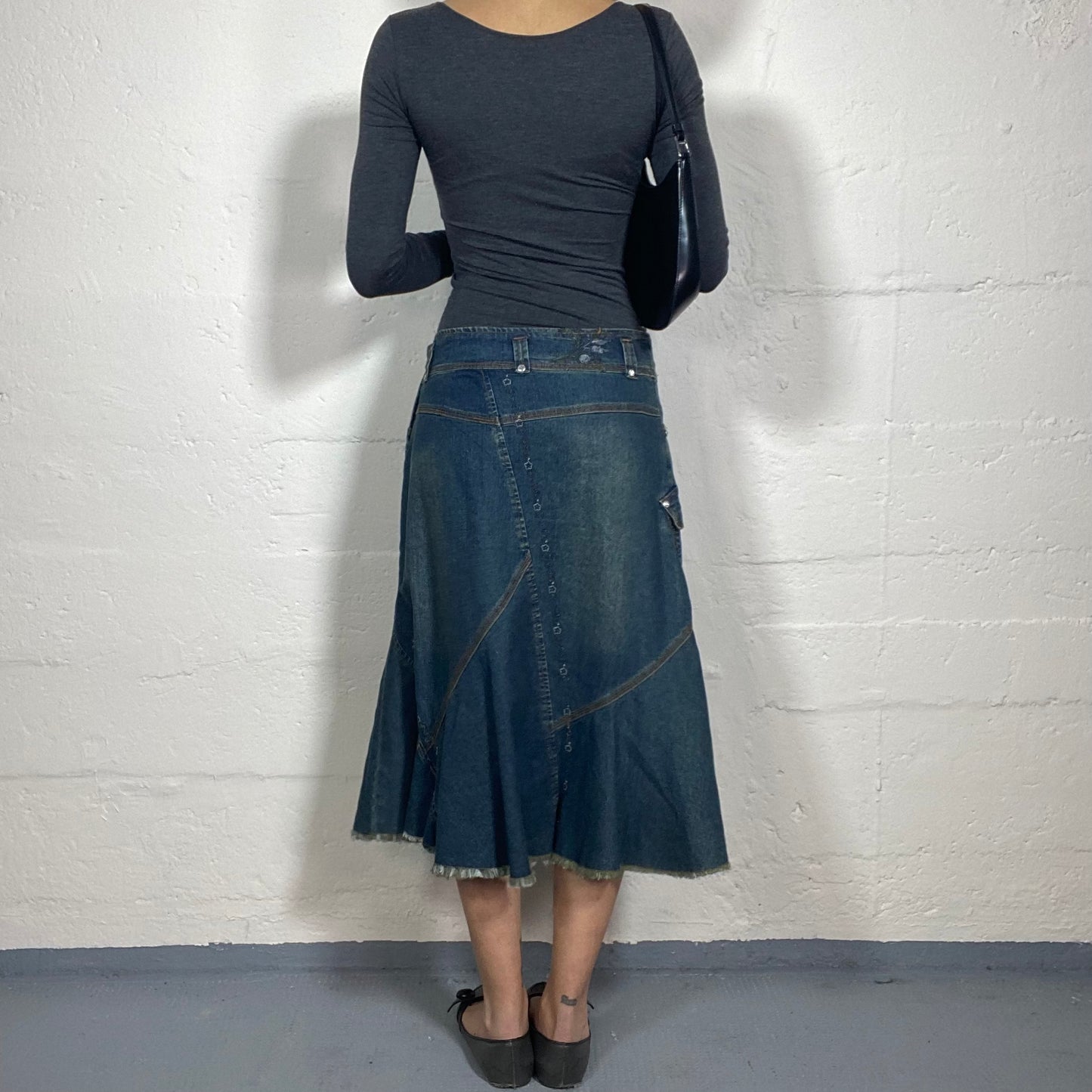 Vintage 2000's Summer Park Date Midi Blue Denim Skirt with Floral Embroidery (S/M)