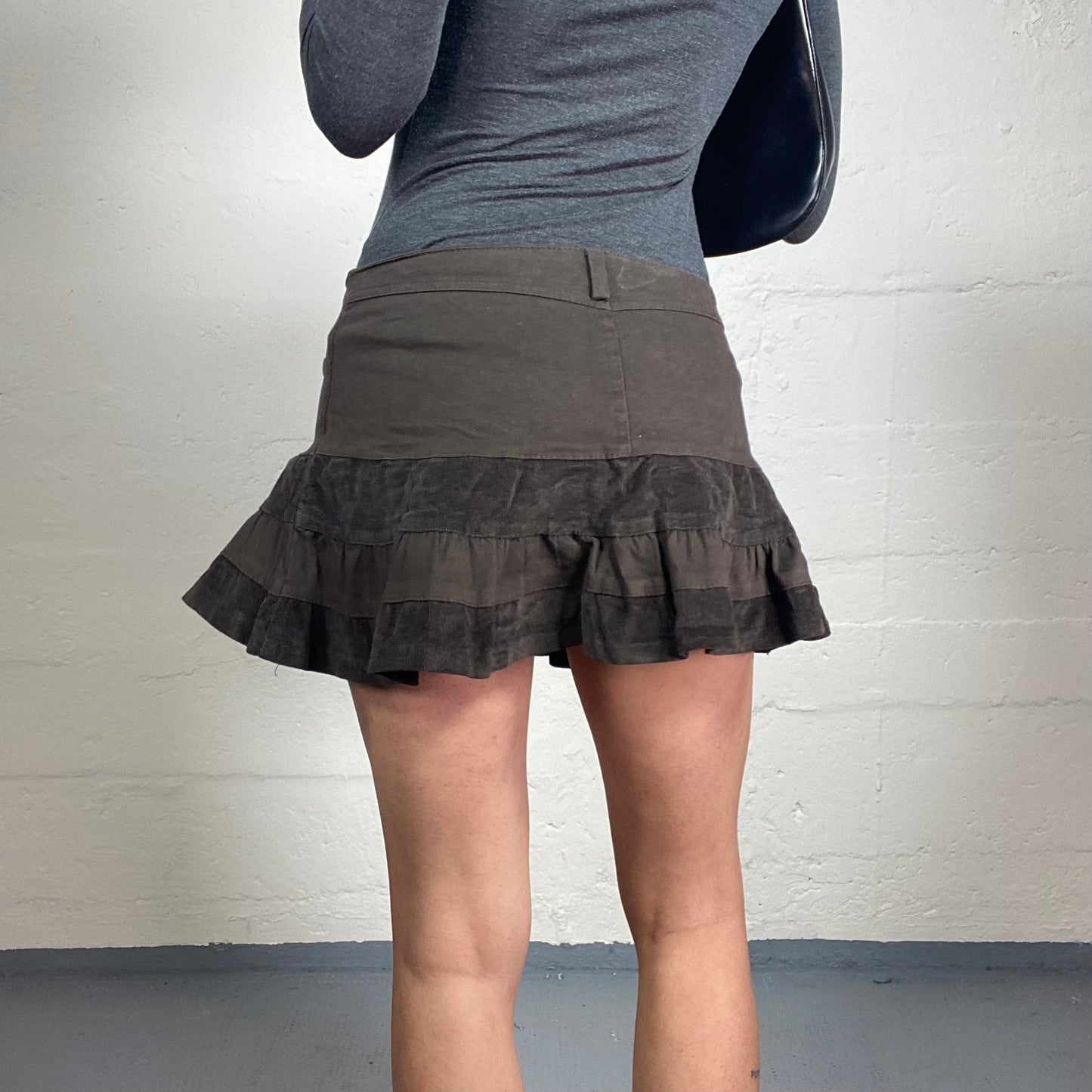 Vintage 2000's Coquette Brown Denim and Velvet Ruffled Mini Skirt (S)