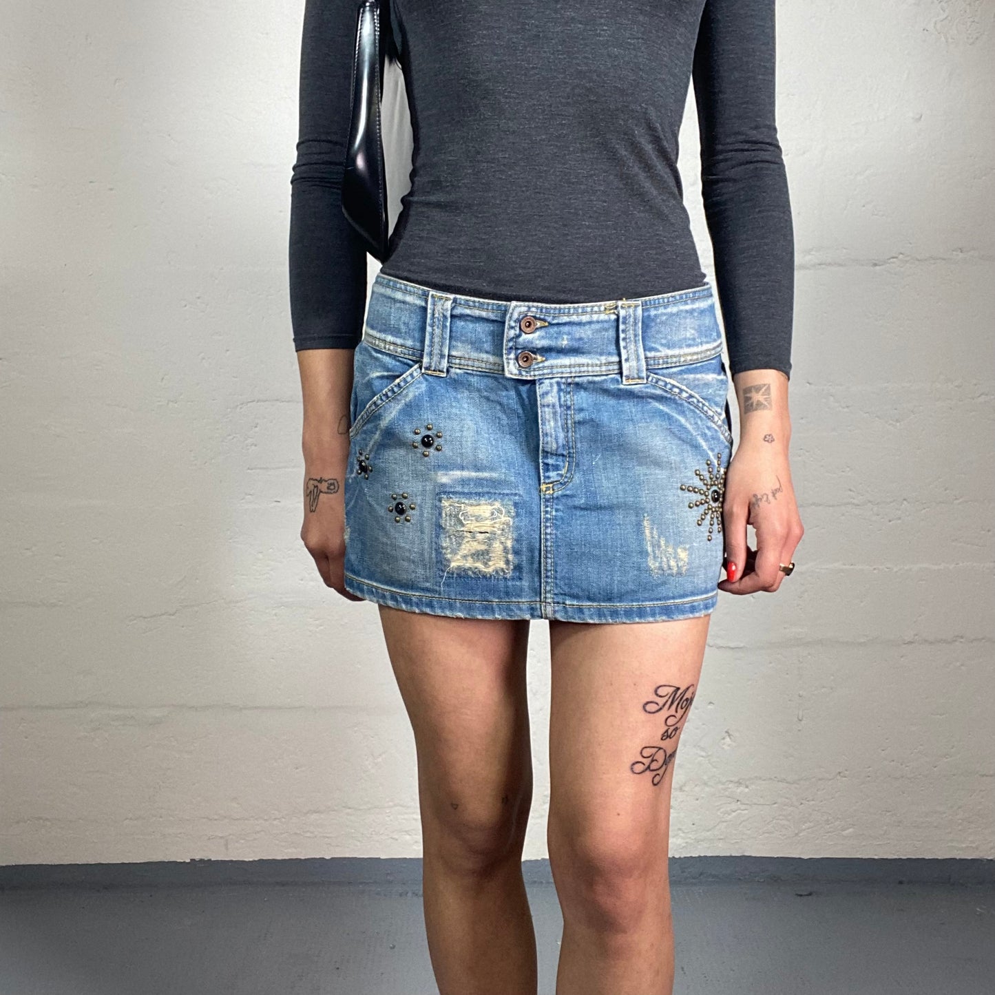 Vintage 2000's Cute Light Denim Micro Skirt with Ripped Effect Patches and Metal Embroidery (S)