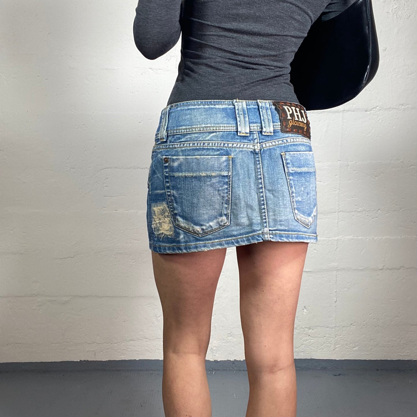 Vintage 2000's Cute Light Denim Micro Skirt with Ripped Effect Patches and Metal Embroidery (S)